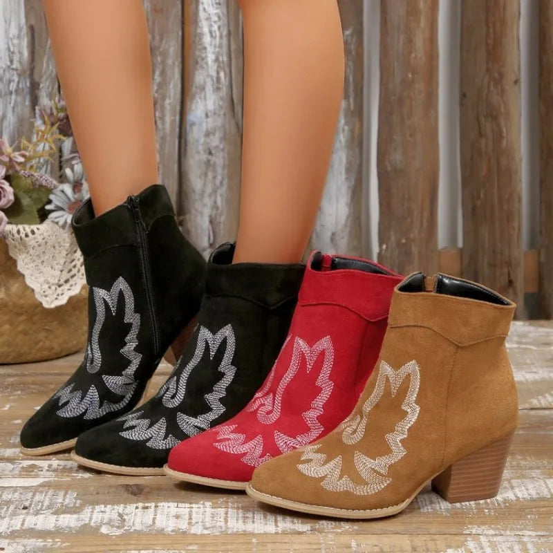 Women Embroidered Pointed‑Toe Western Ankle Boots, Side Zipper Block Heel Suede‑Look Cowboy Short Boots Multi‑Color