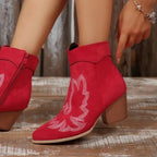 Women Embroidered Pointed‑Toe Western Ankle Boots, Side Zipper Block Heel Suede‑Look Cowboy Short Boots Multi‑Color