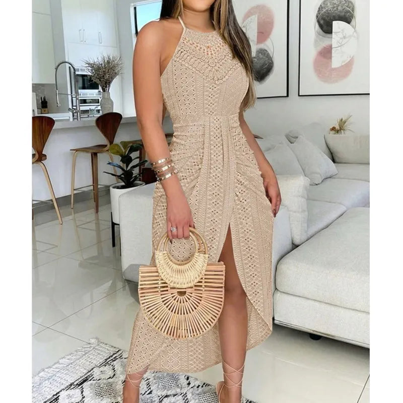 Y2k Women's Fashion Sleeveless Beach Dress Sexy Perspective Hanging Neck Dresses Ladies Solid Irregular Hem Vacation Vestidos