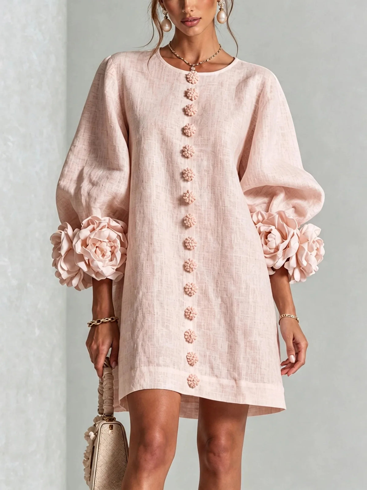 Flavie | Robe Courte à Fleurs 3D Manches Bouffantes