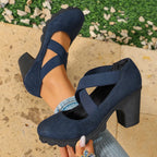 Women Mary Jane Pumps Suede Round Toe Elastic Strap Platform Chunky Block Heels Shoes Non-Slip Vintage Casual Zapatos De Mujer