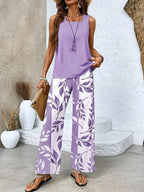 Women Casual 2 Piece Outfit Sleeveless Tank Top + Leaf Print Wide Leg Pants Set Summer Vacation Loungewear