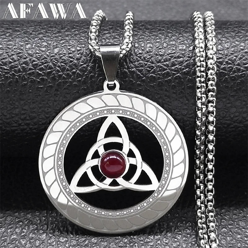 Celtic Trinity Knot Triquetra Necklace for Women Men Silver Color Stainless Steel Stone Witch Necklaces Jewelry Collar N8064S02