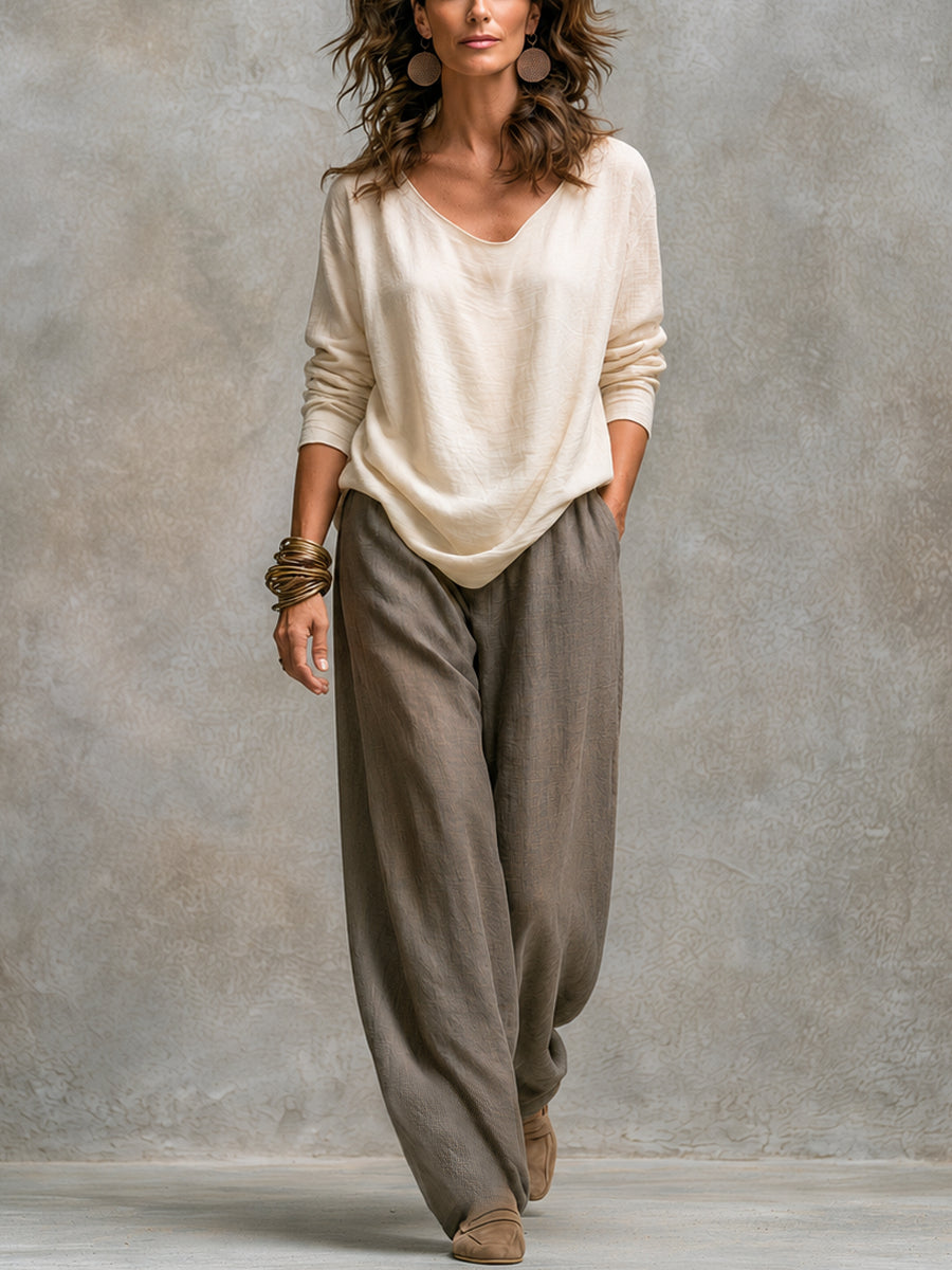 Constance | Ensemble trois pièces beige et gris, décontracté et élégant, avec superpositions et pantalon palazzo