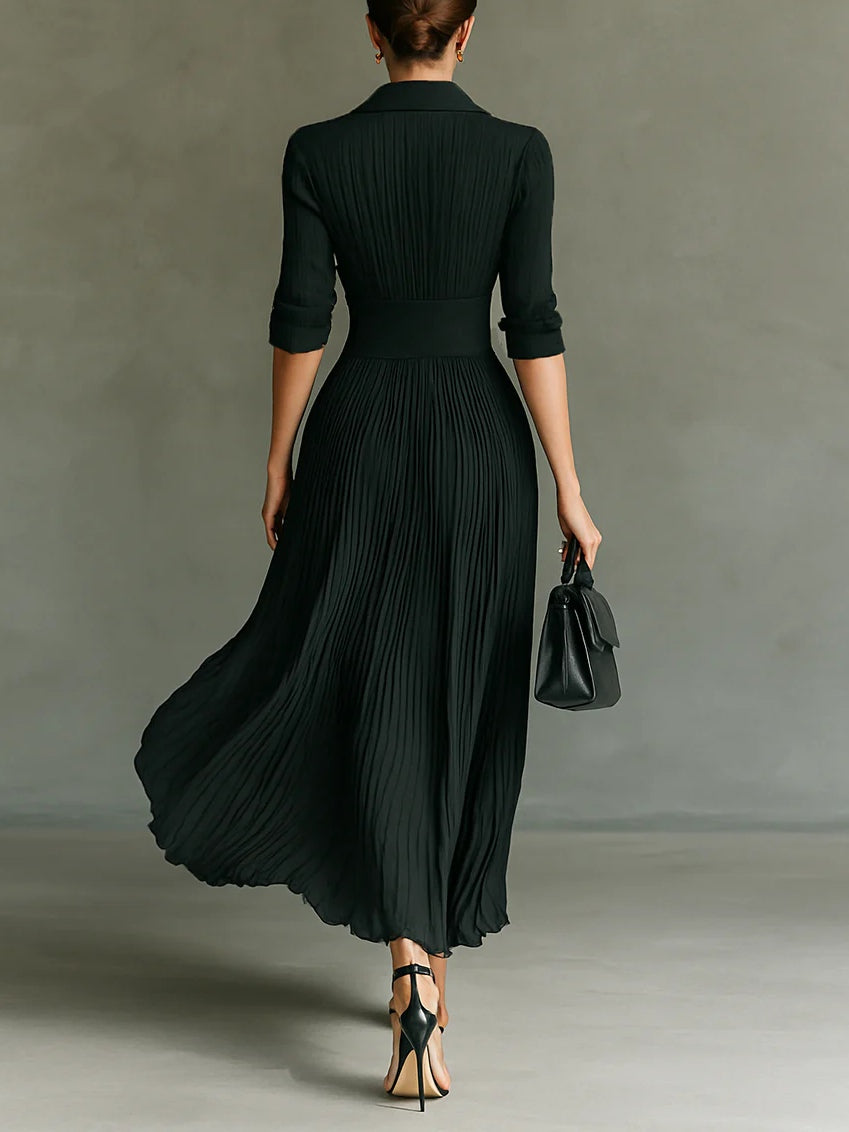 Elvire | Robe longue plissée à revers et taille haute