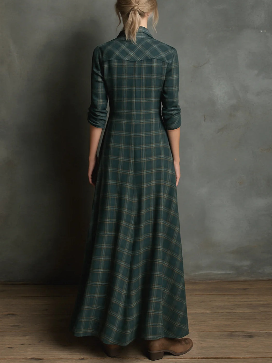 Valentine | Robe-chemise longue à col et à carreaux verts