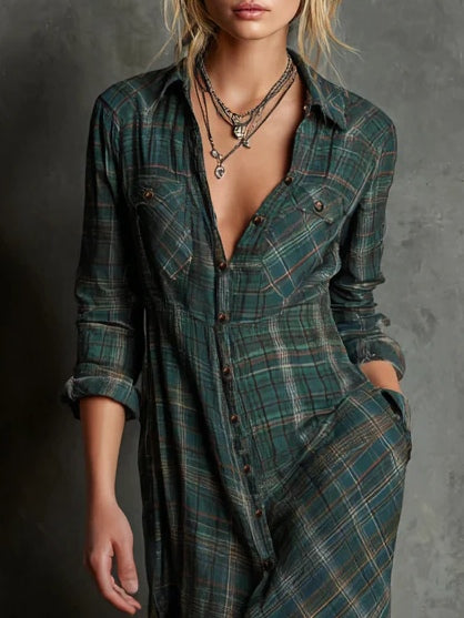 Valentine | Robe-chemise longue à col et à carreaux verts