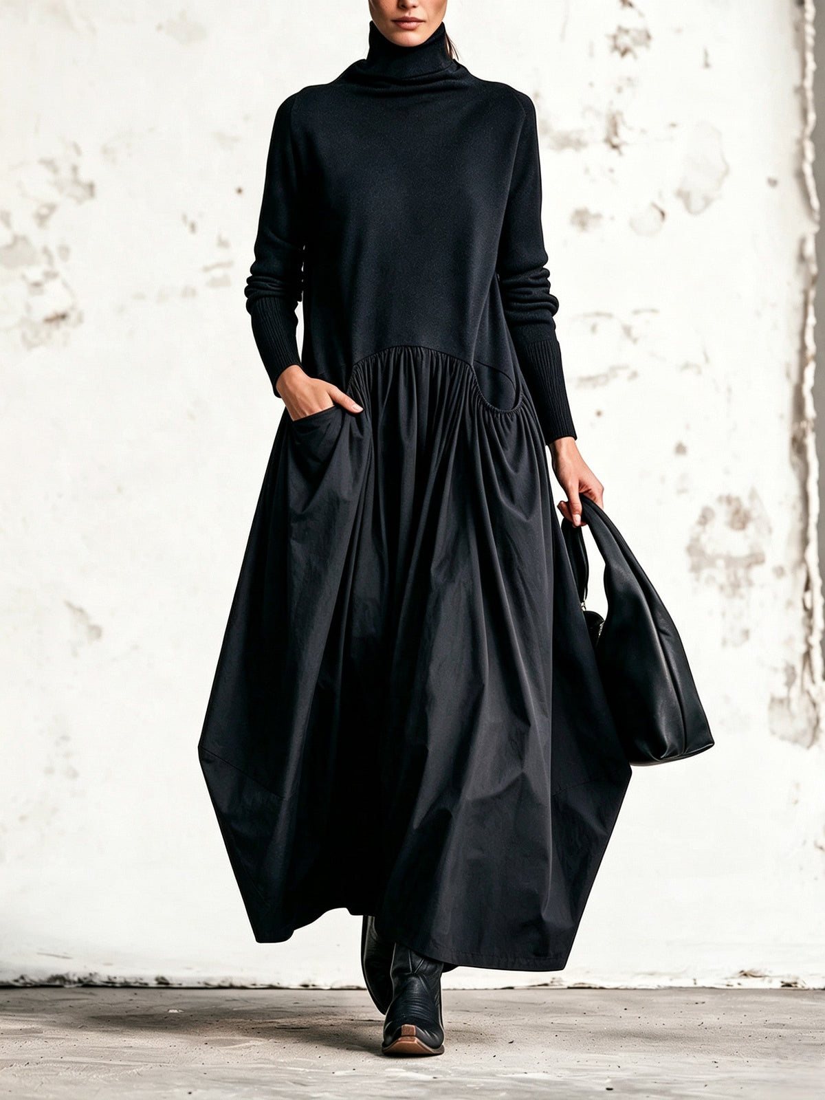 Odette | Robe maxi oversize à col montant — Noir