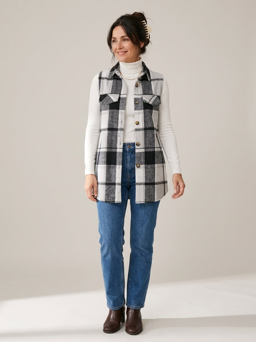 Gilet long à carreaux sans manches – coupe chemise