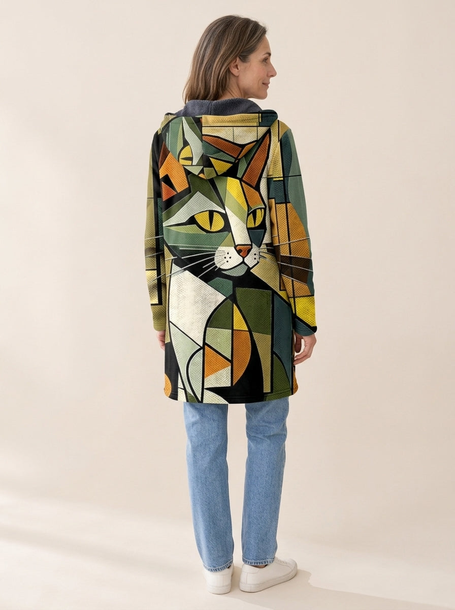 Lise | Veste à capuche doublée Chat cubiste vert