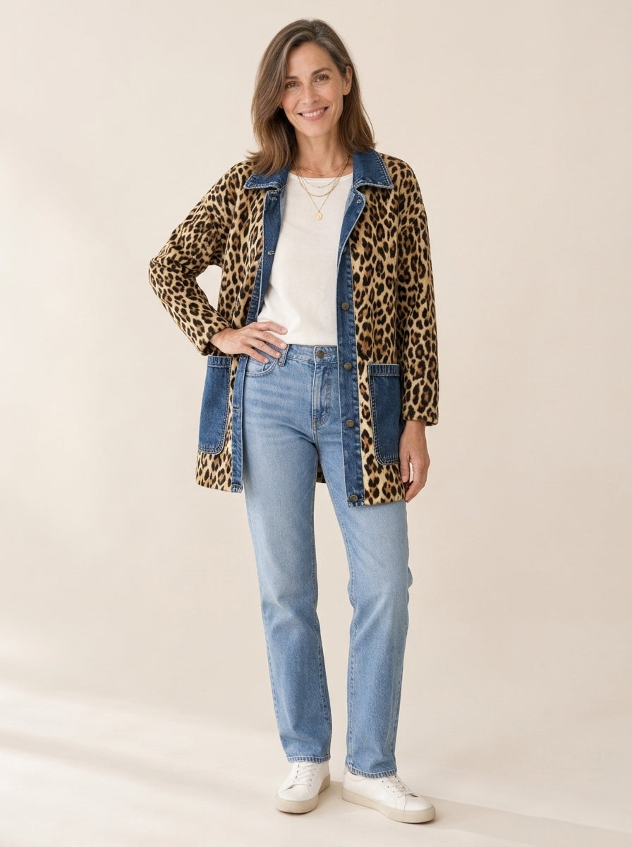 Fablenne | Veste longue en denim et imprimé léopard