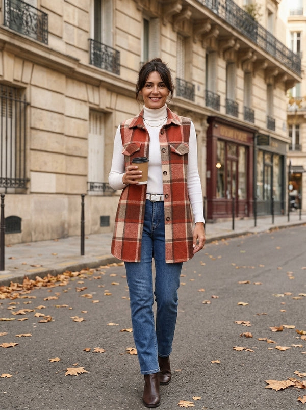 Gilet long à carreaux sans manches – coupe chemise