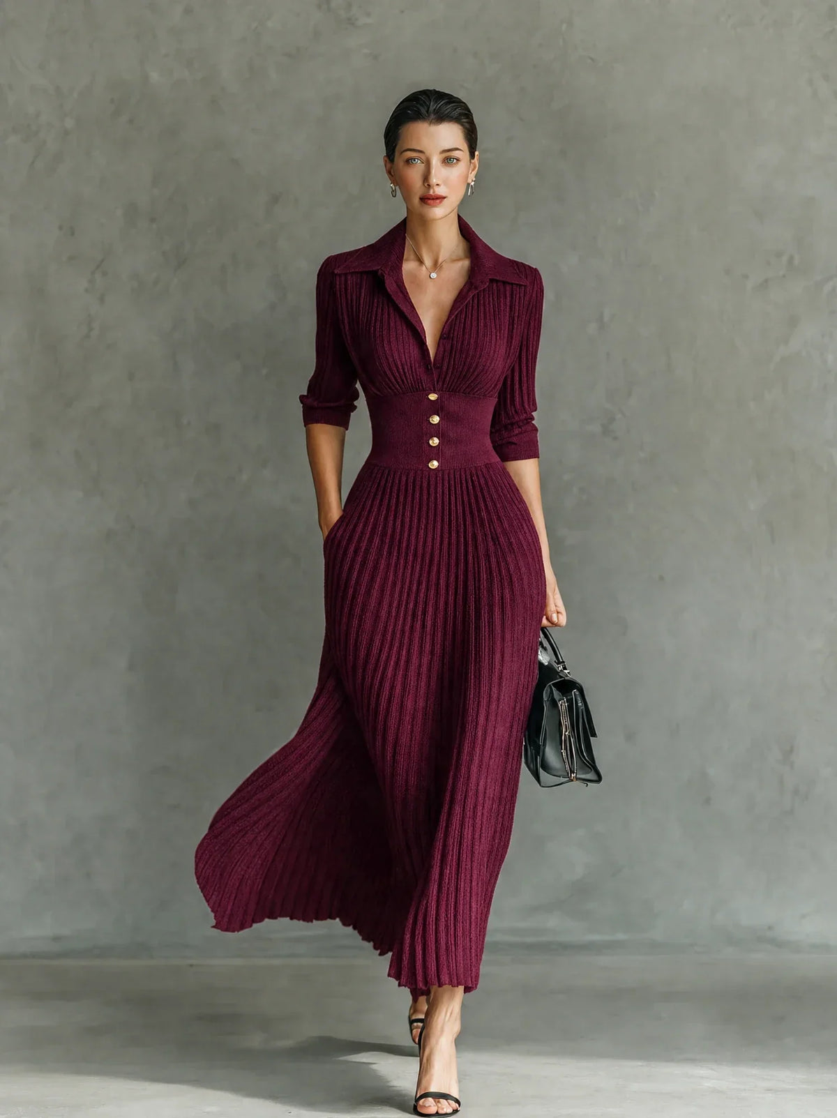 Elvire | Robe longue plissée à revers et taille haute