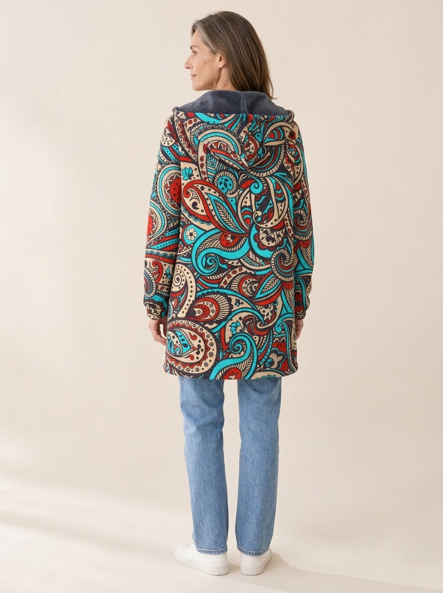 Élisa | Veste à capuche doublée Paisley turquoise