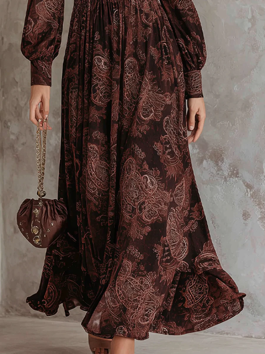 Oriane | Robe longue taille haute zippée à imprimé cachemire marron