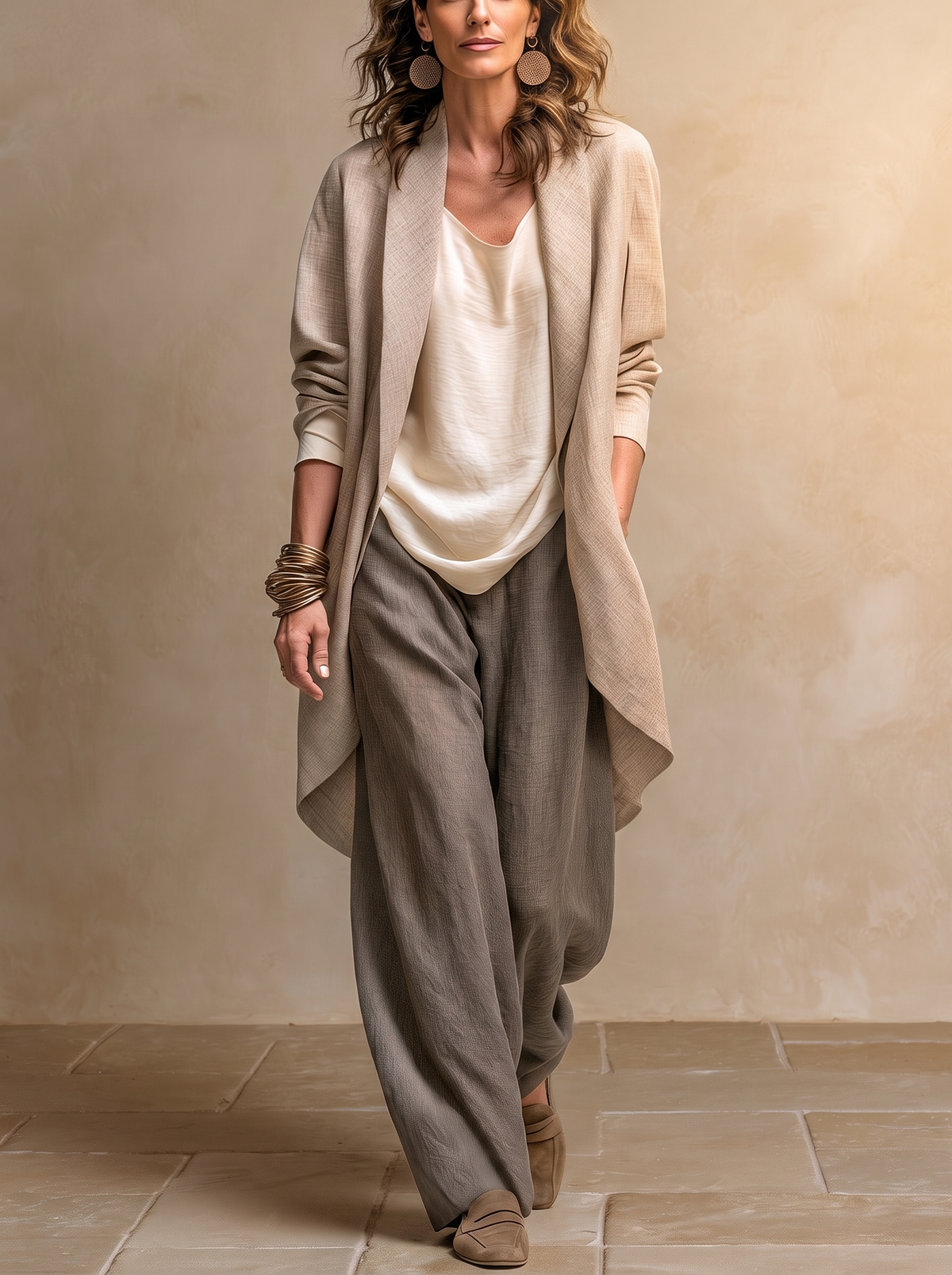 Constance | Ensemble trois pièces beige et gris, décontracté et élégant, avec superpositions et pantalon palazzo