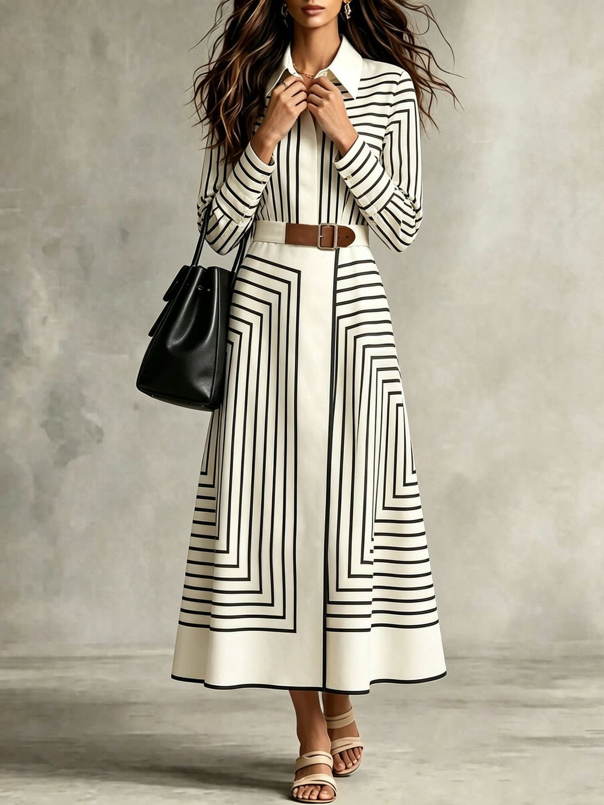 Robe-chemise midi chic à rayures géométriques, boutonnée, avec ceinture à nouer à la taille