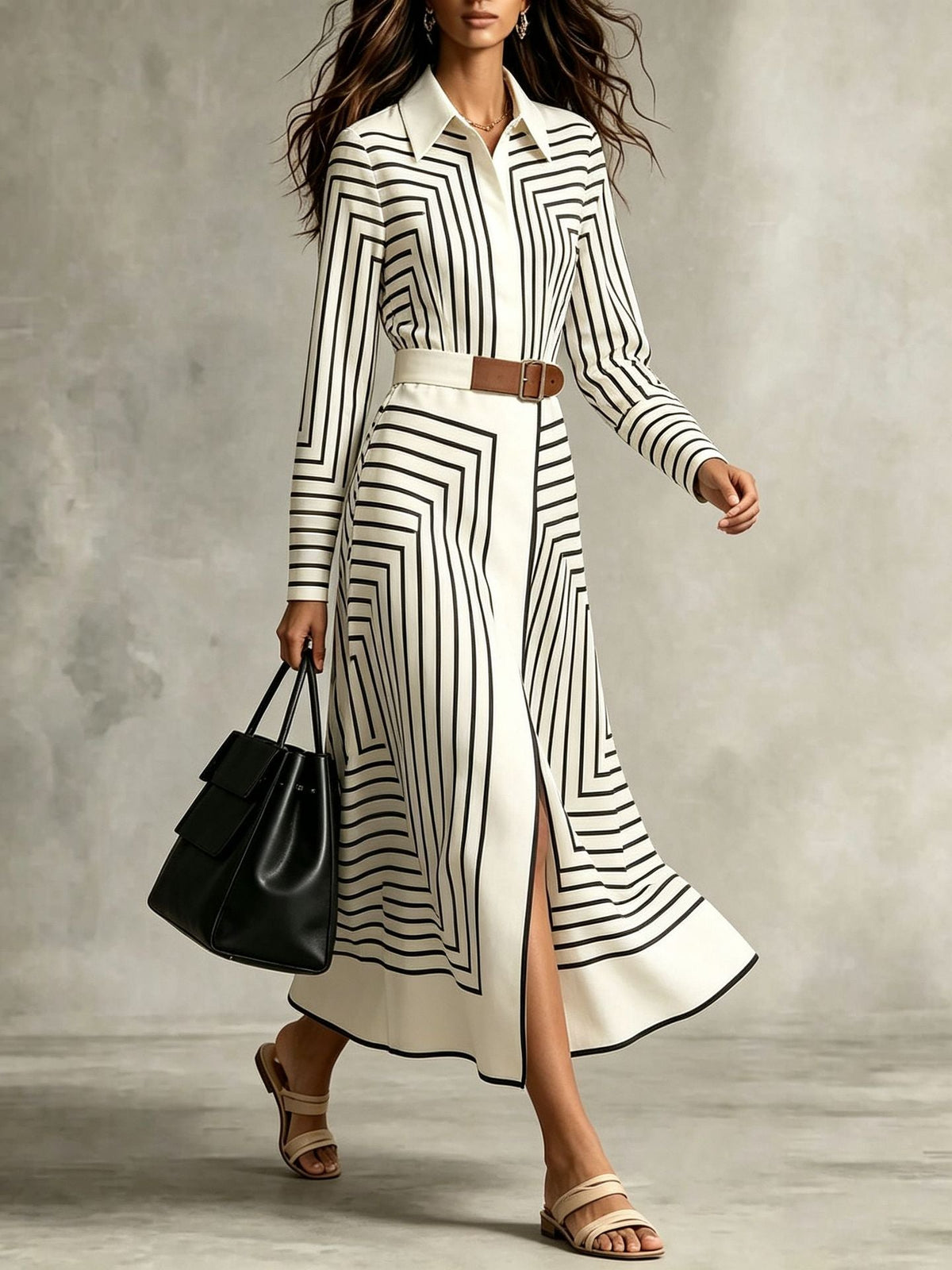 Robe-chemise midi chic à rayures géométriques, boutonnée, avec ceinture à nouer à la taille